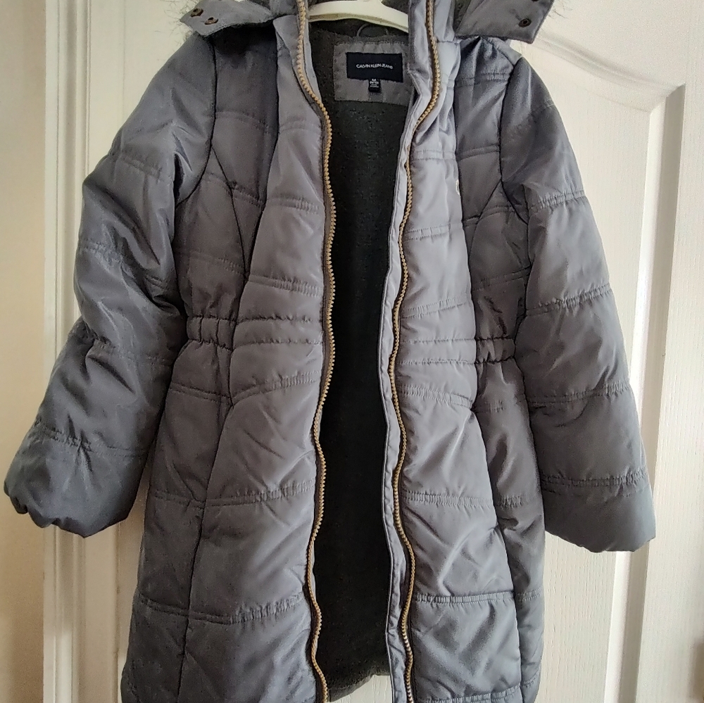 Girls sz 8/10 Calvin Klein gray fleece lined winter coat jacket w/ faux fur hood